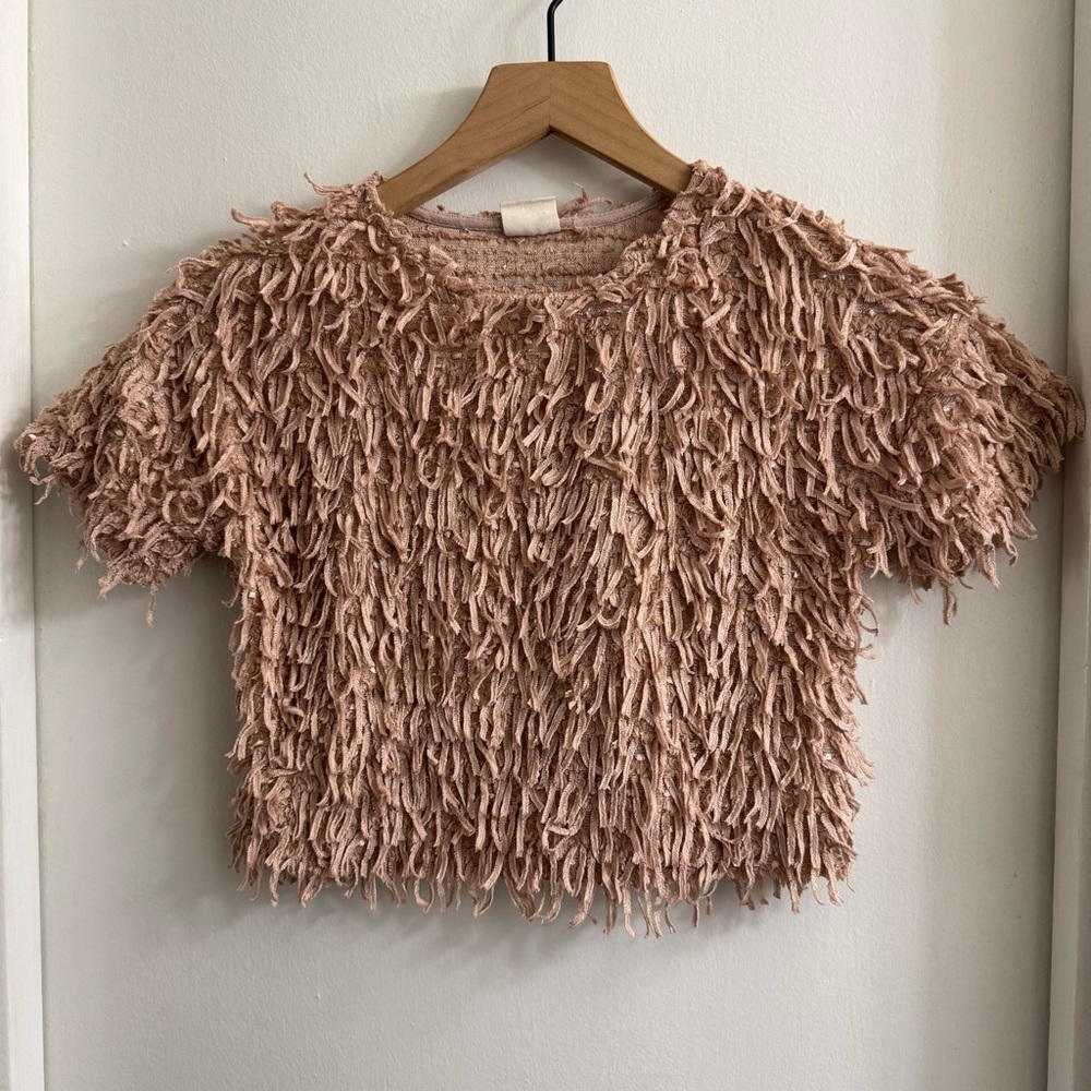 Zara Fringe Textured Kids Top in Pale Pink